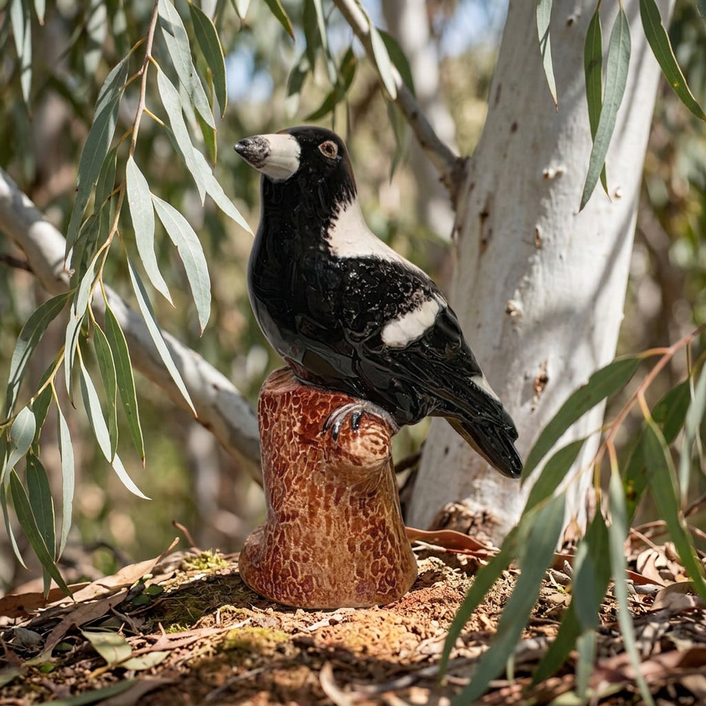 Miniature Porcelain Magpie Figurine Sitting on Log