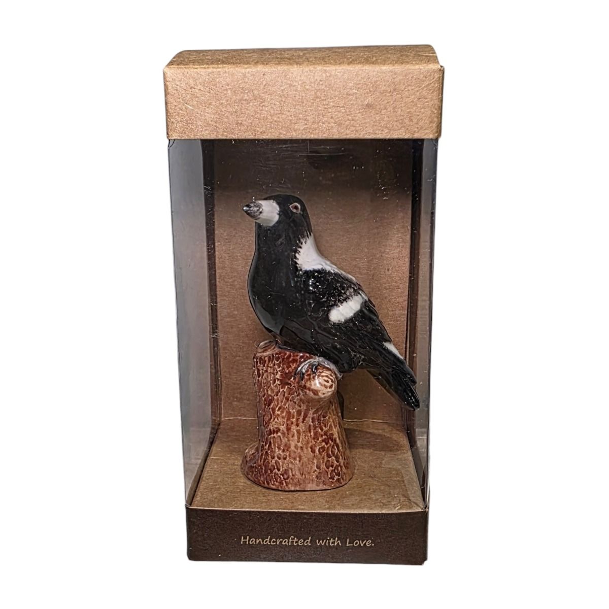 Miniature Porcelain Magpie Figurine Sitting on Log