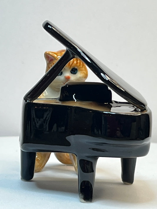 Miniature Porcelain Musical Ginger Cat Figurine Playing Piano