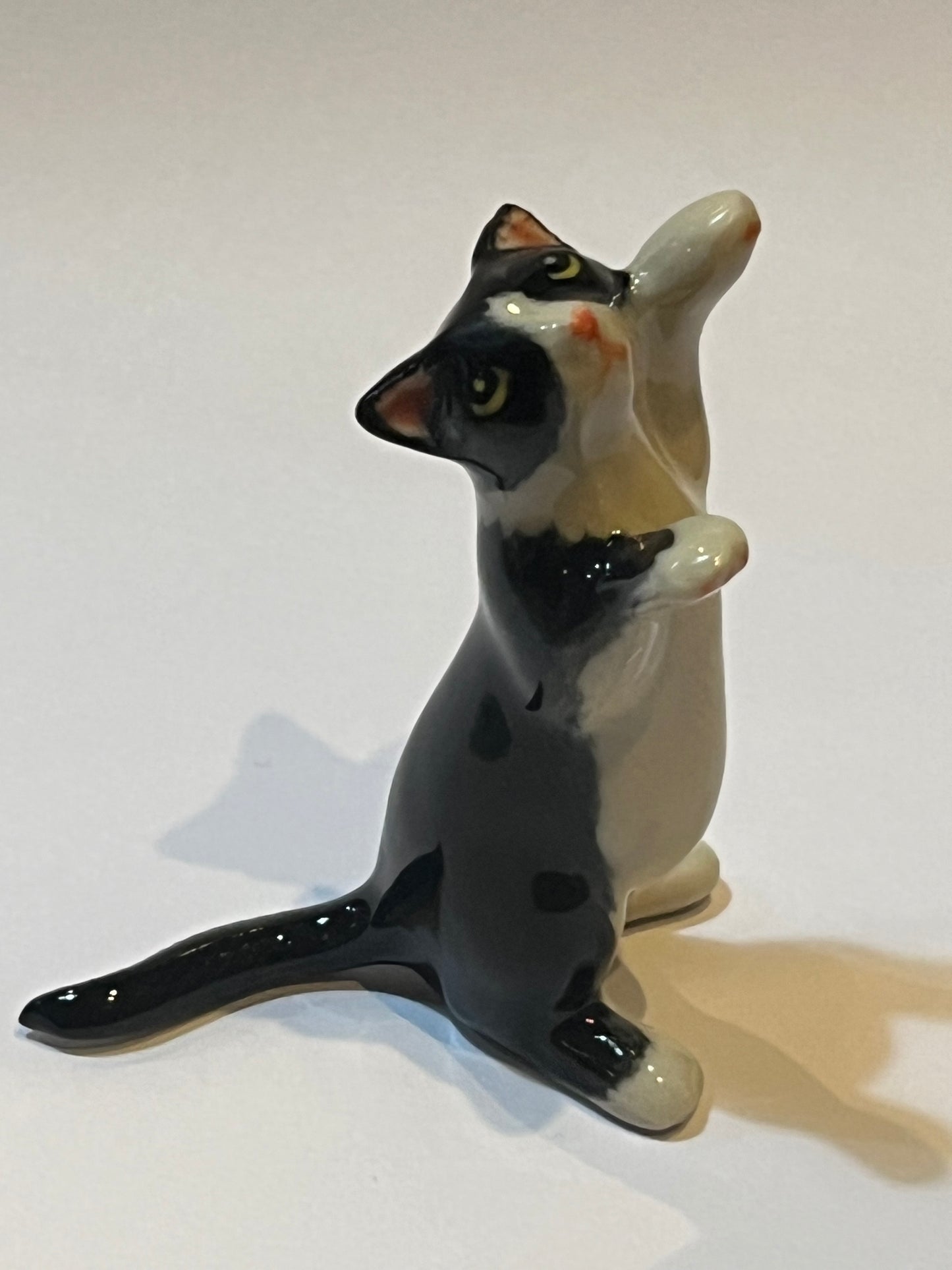 Miniature Porcelain Tuxedo Black Cat Standing Figurine - Hand Painted