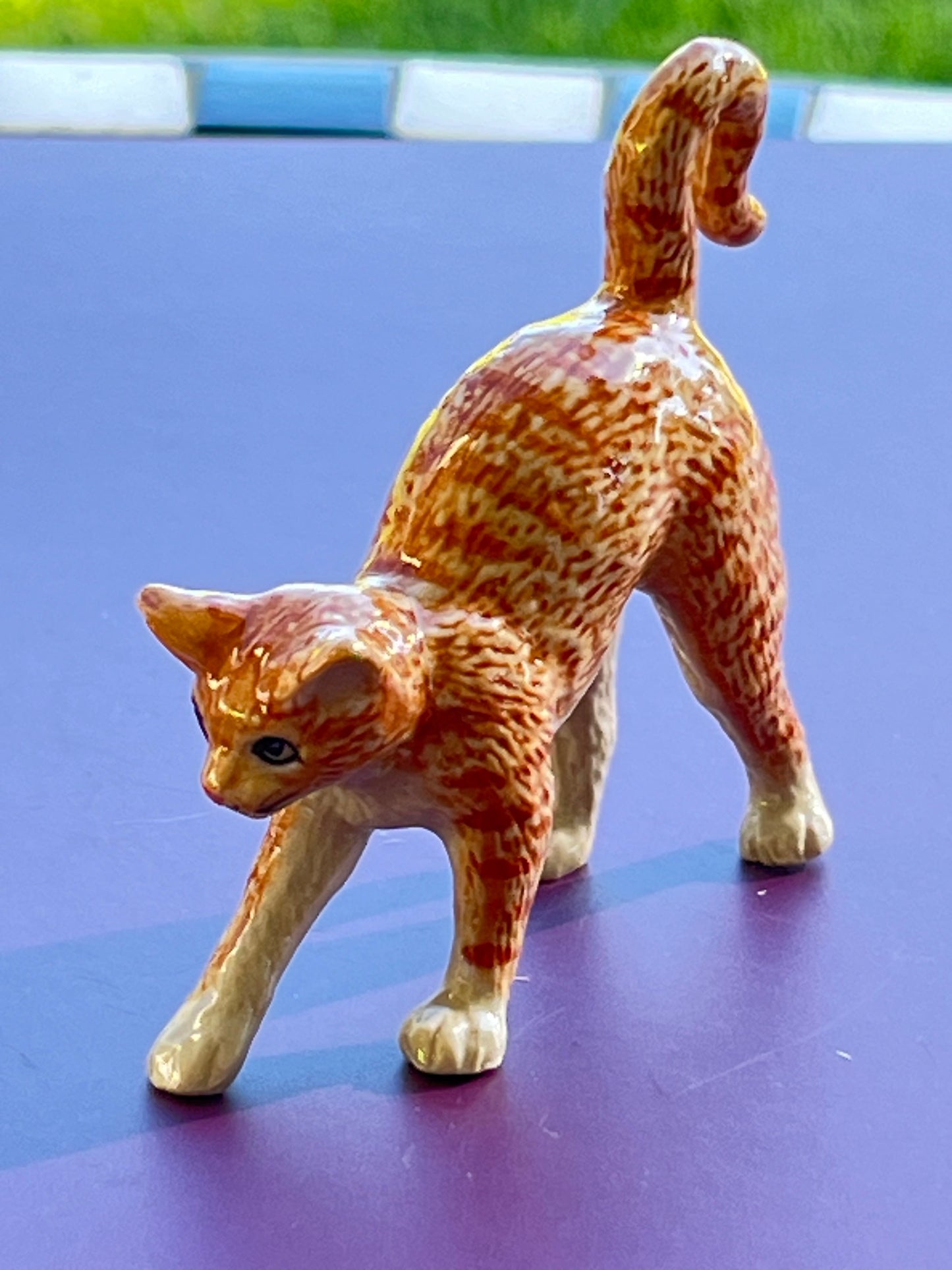 Miniature Porcelain Ginger Cat Kitten Stretching Figurine