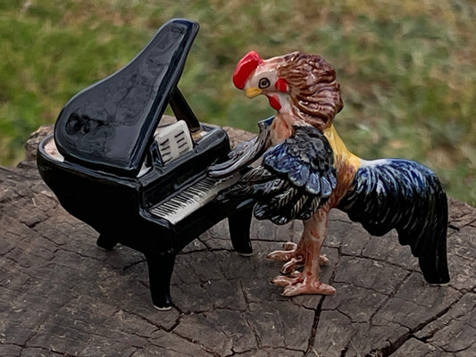 Miniature Porcelain Musical Rooster Playing the Piano Figurine