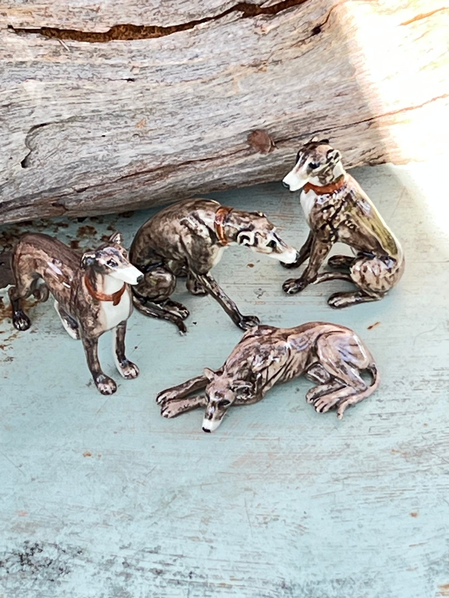 Miniature Porcelain Dog Figurines Brindle Greyhound Family Dog Breed