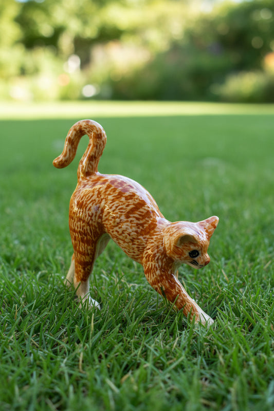 Miniature Porcelain Ginger Cat Kitten Stretching Figurine