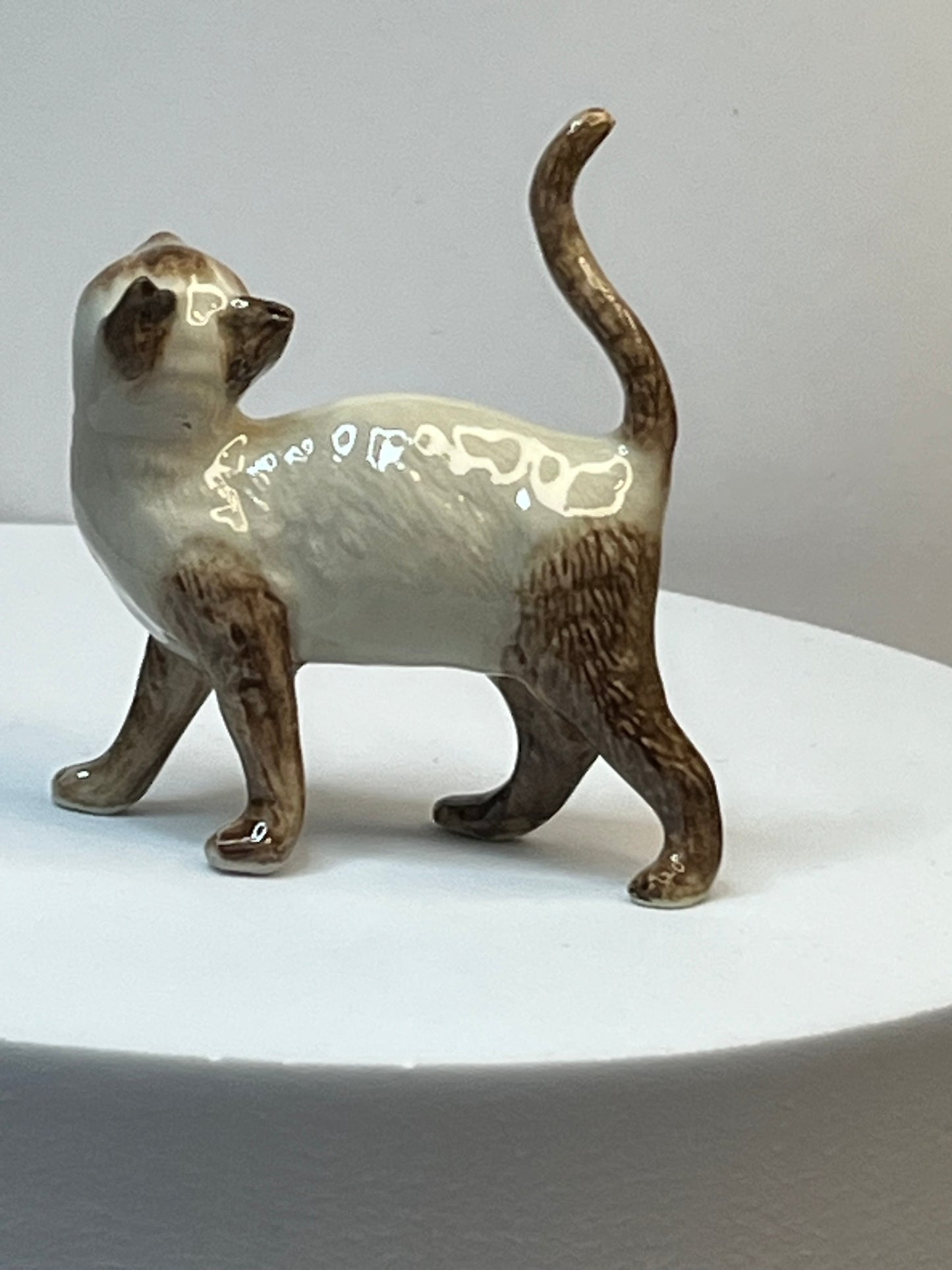 Miniature Porcelain Seal Point Siamese Cat Figurine Looking Up