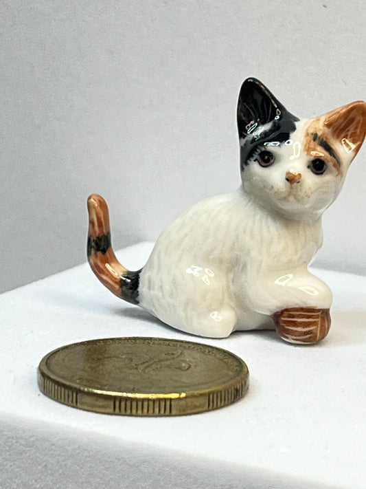 Miniature Porcelain Calico Cat Kitten with Ball Figurine