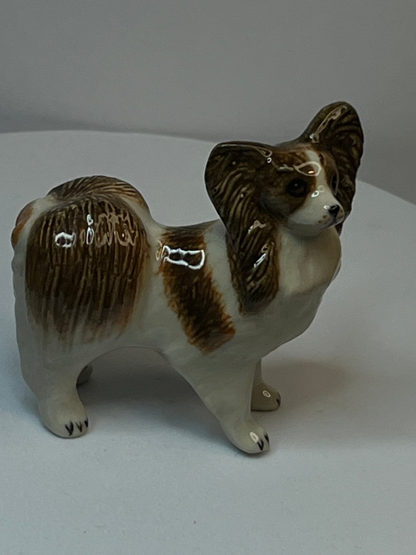 Papillion Standing Miniature Porcelain Dog Figurine Set In Brown and White