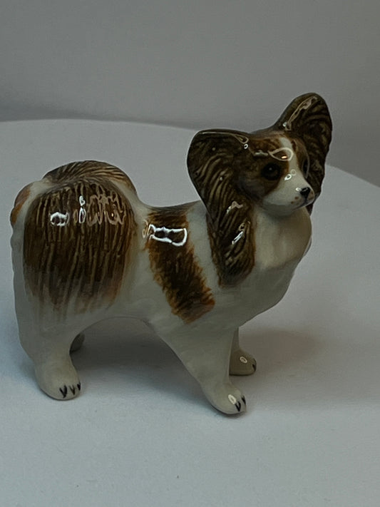 Papillion Standing Miniature Porcelain Dog Figurine Set In Brown and White