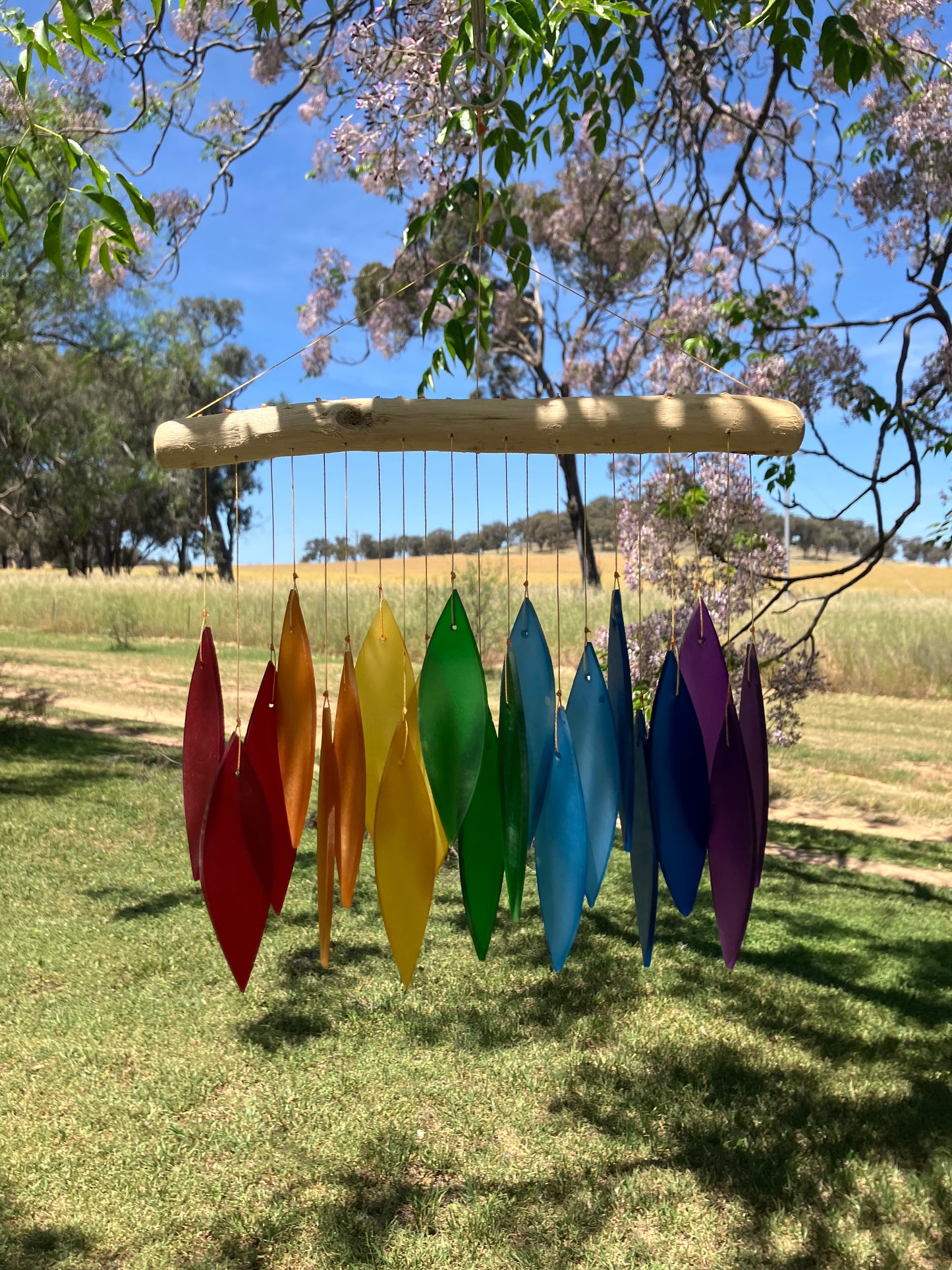 Multi Colour Glass  Wind Chime With Driftwood