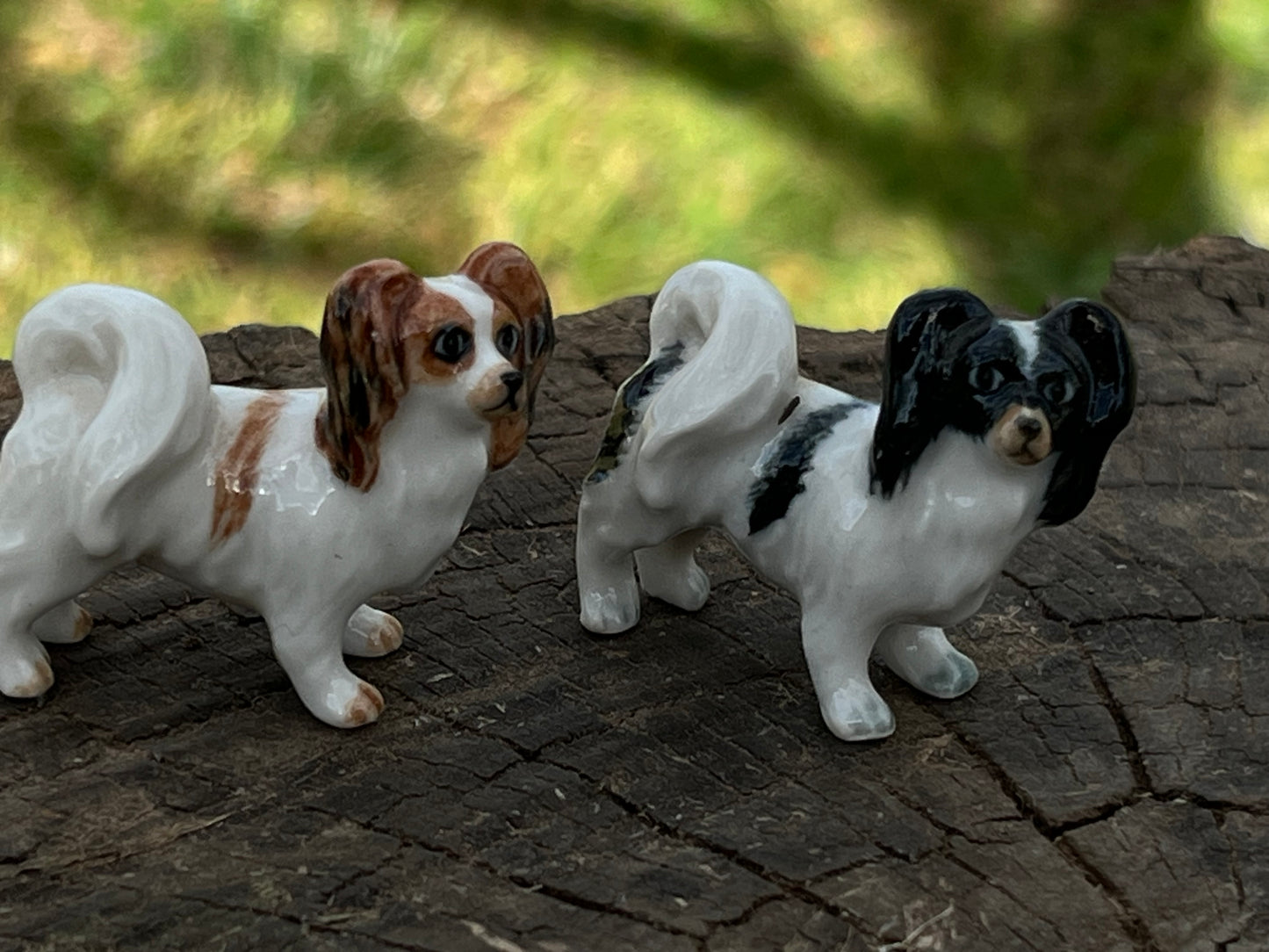 Miniature Porcelain Papillon Black and Brown Dog Figurines — Set of 2