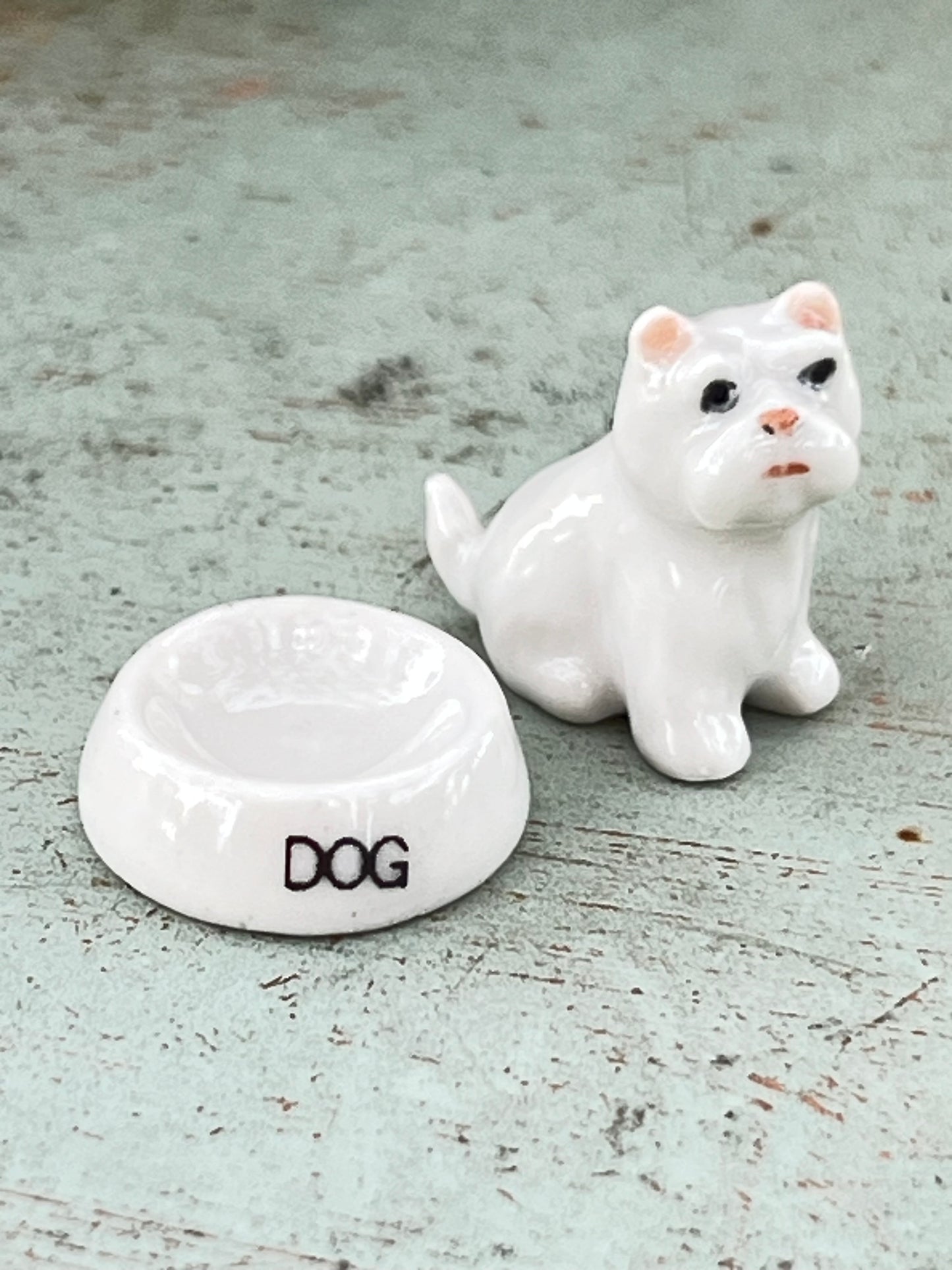 Miniature Porcelain West Highland Terrier With Dog Bowl
