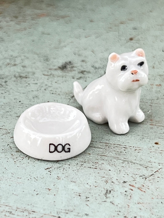 Miniature Porcelain West Highland Terrier With Dog Bowl