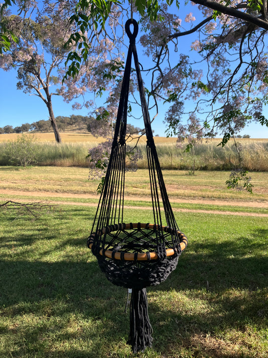 Black Macrame Pot Hanger Single with Wooden Ring