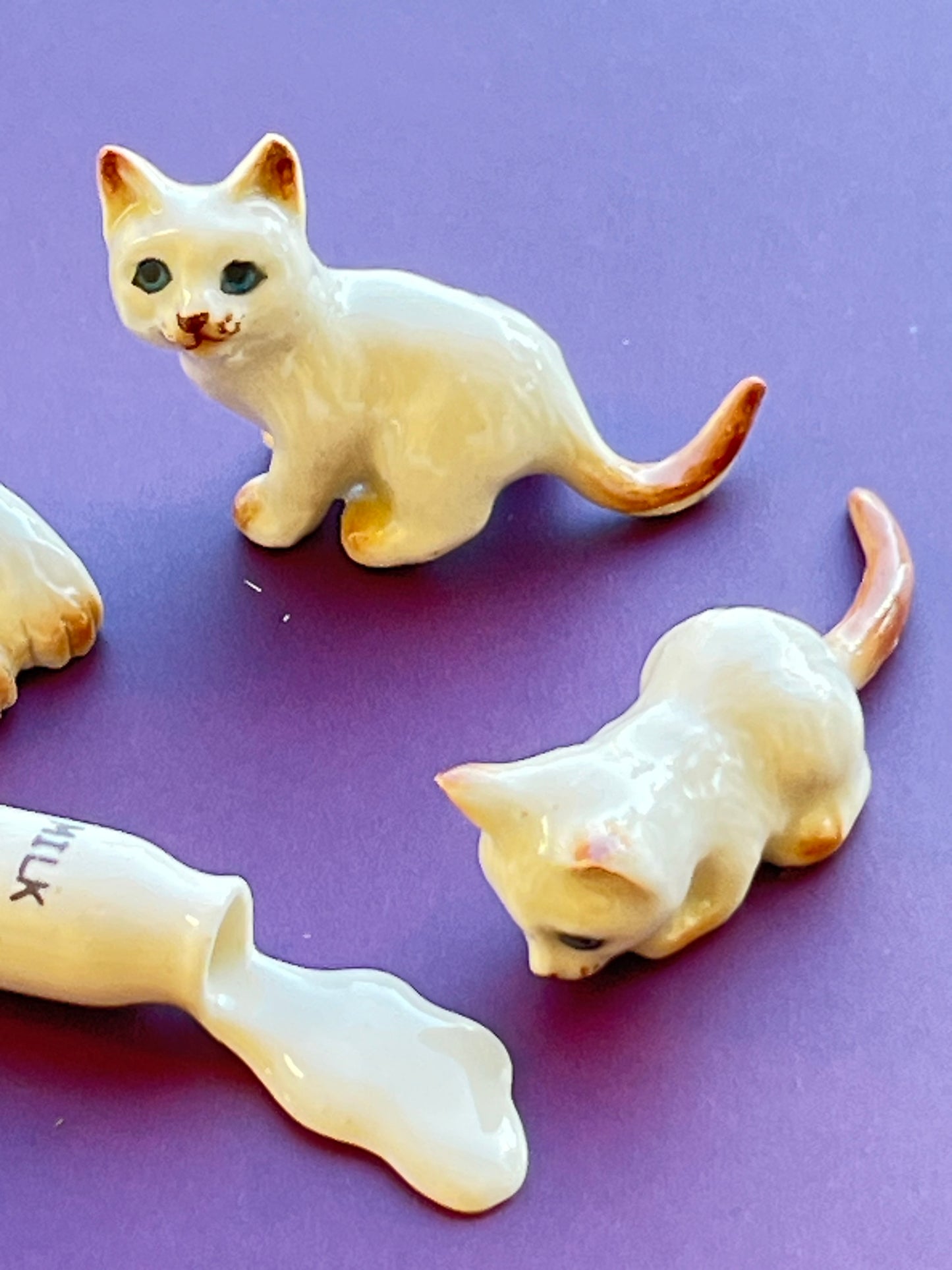 Miniature Porcelain White and Ginger Mother Cat with Kittens and Milk Bottle Figurine