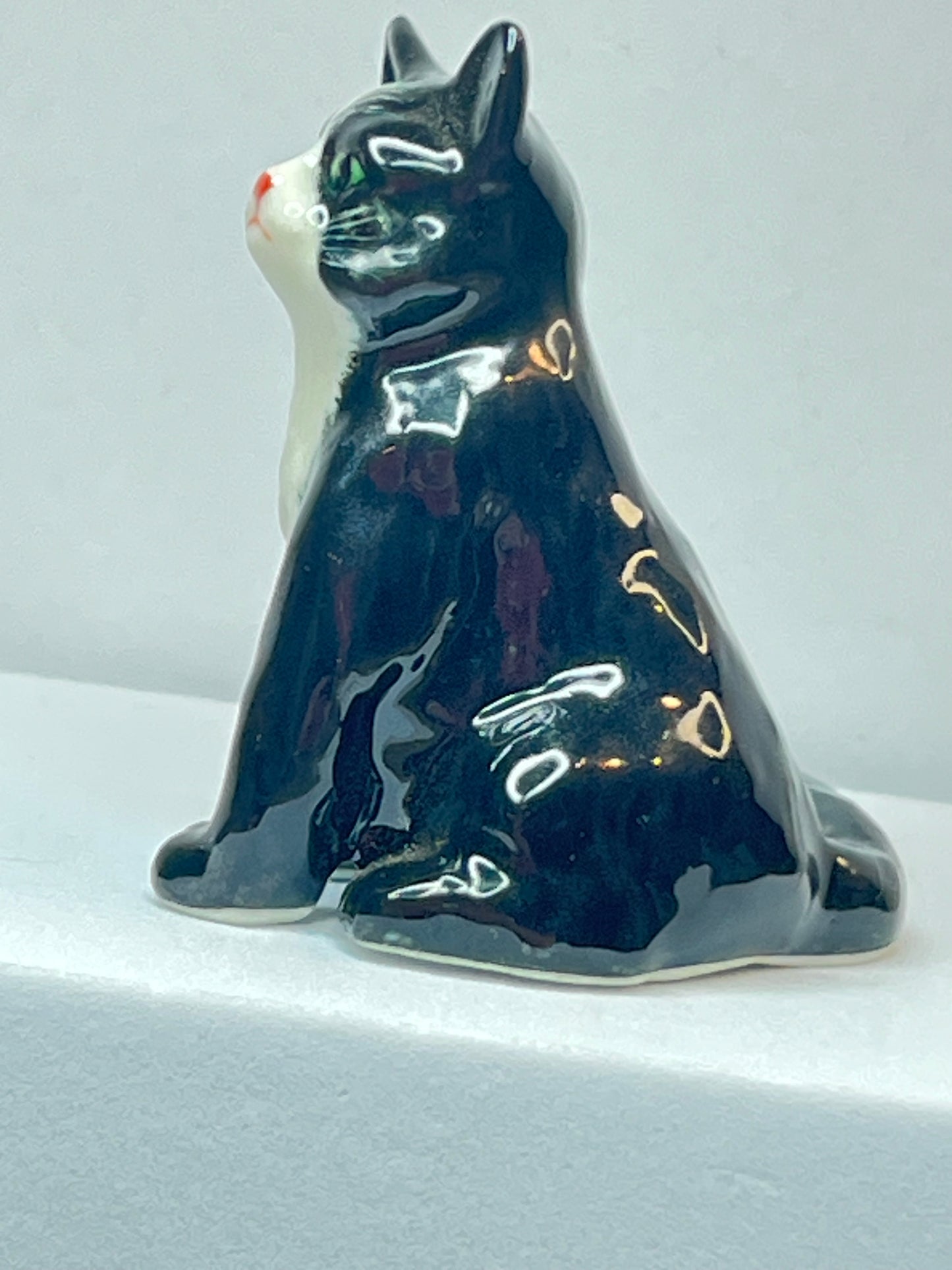 Miniature Porcelain Black and White Tuxedo Cat Sitting Up Figurine