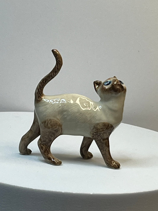 Miniature Porcelain Seal Point Siamese Cat Figurine Looking Up