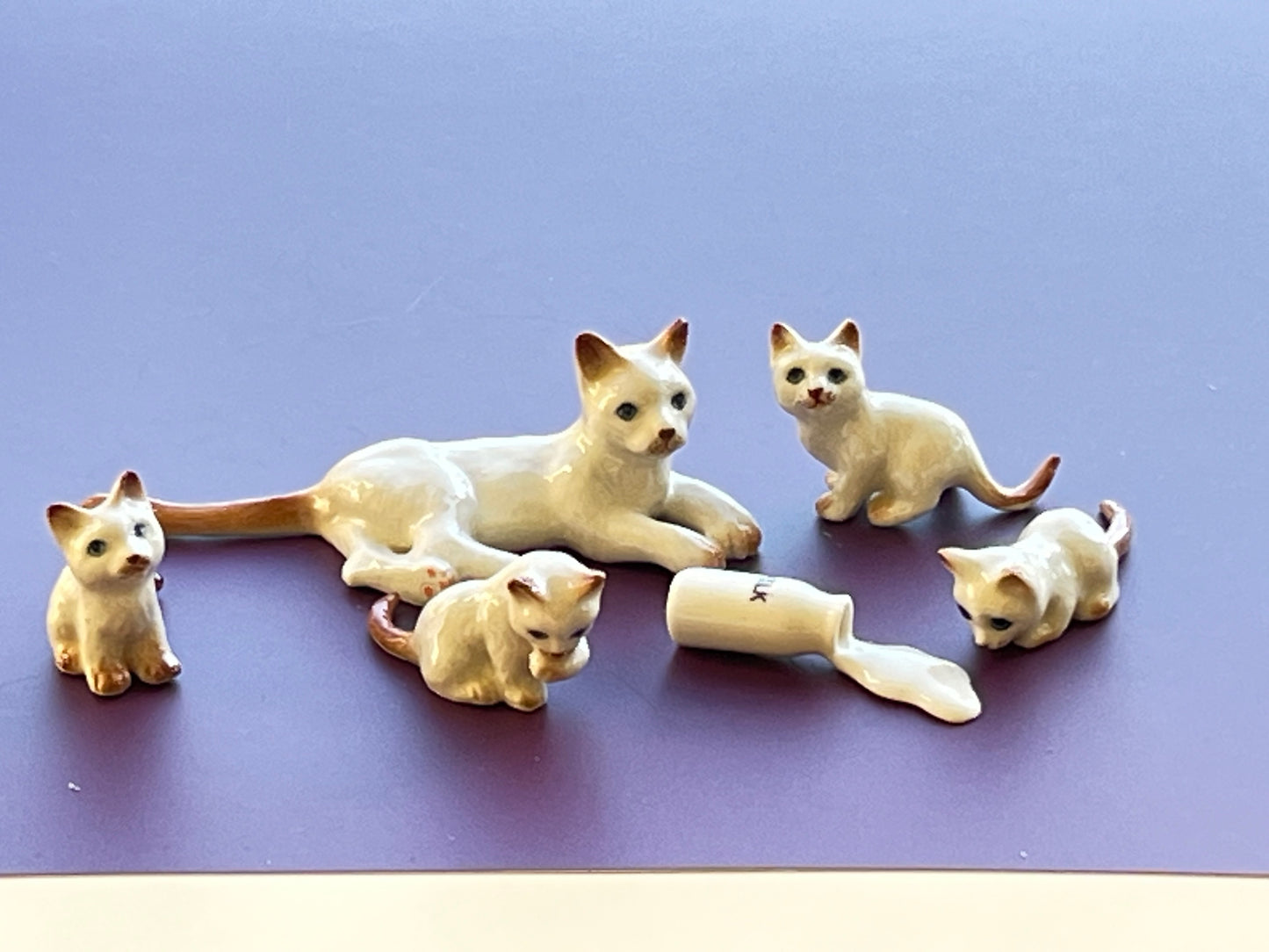 Miniature Porcelain White and Ginger Mother Cat with Kittens and Milk Bottle Figurine