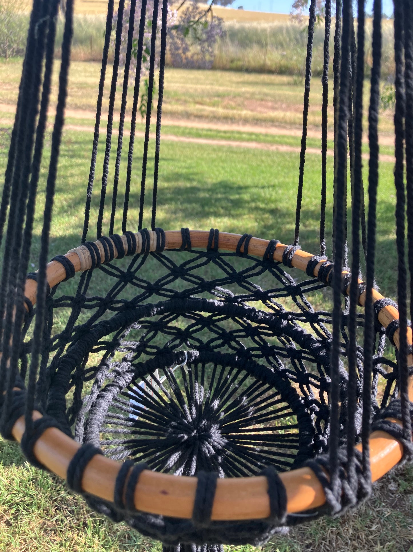 Black Macrame Pot Hanger Single with Wooden Ring