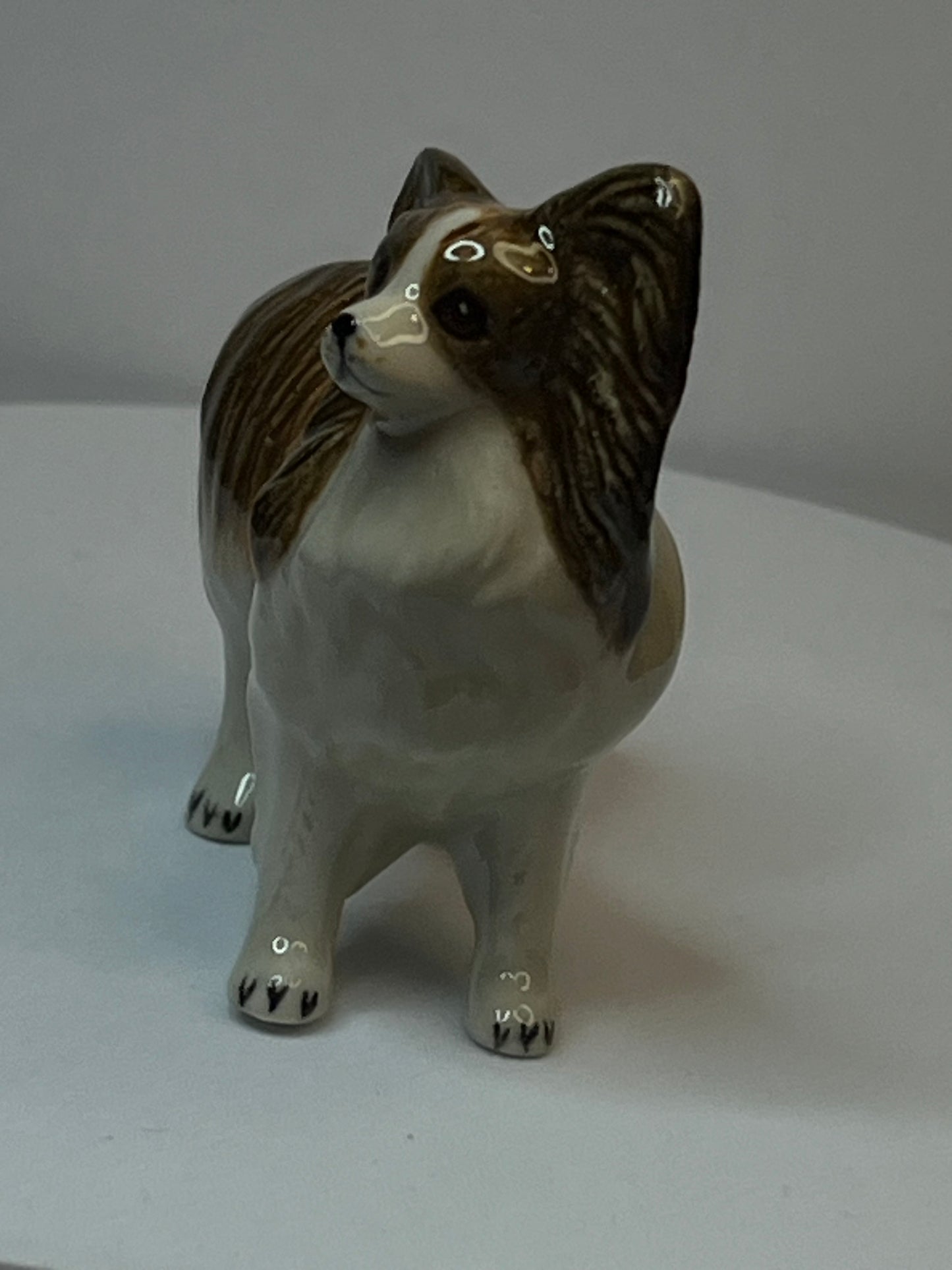 Papillion Standing Miniature Porcelain Dog Figurine Set In Brown and White