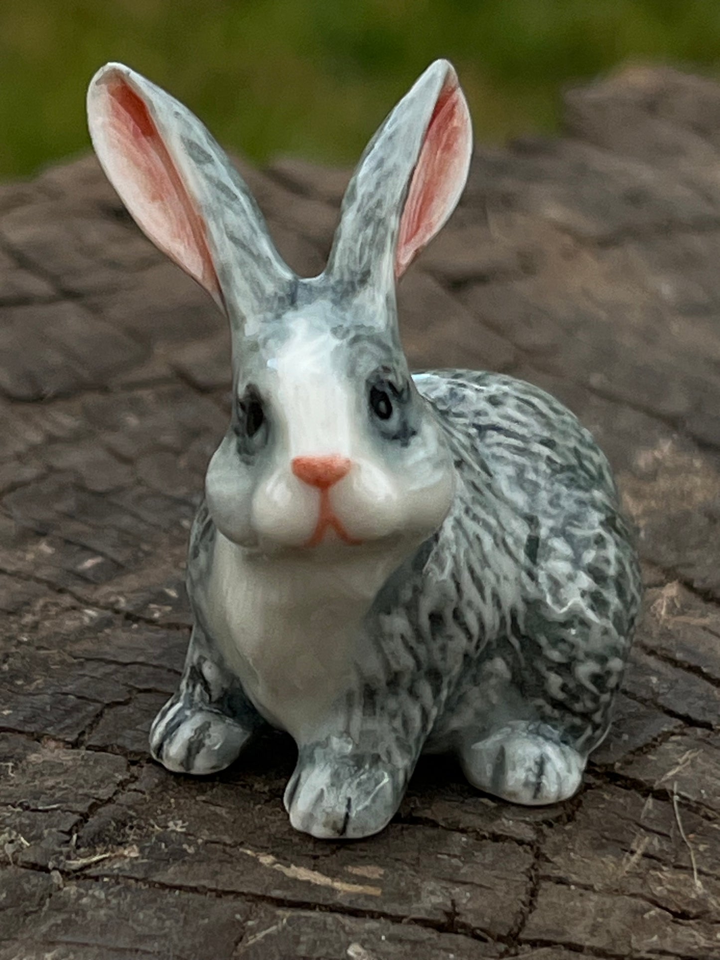 Miniature Porcelain Grey and White Rabbit Ears Up Figurine