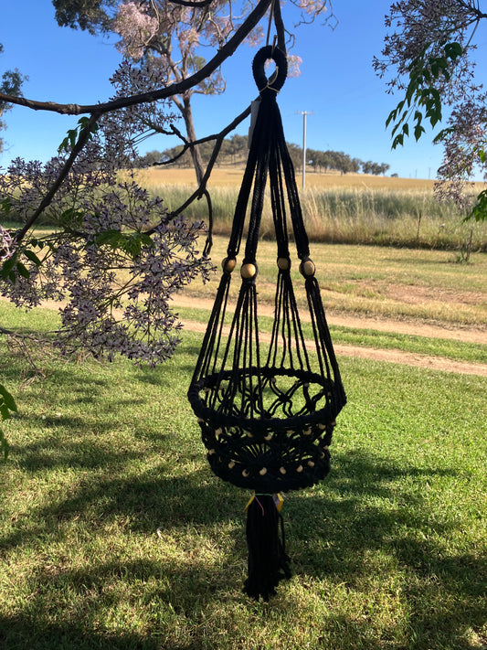 Black Macrame Pot Hanger Single with Beads