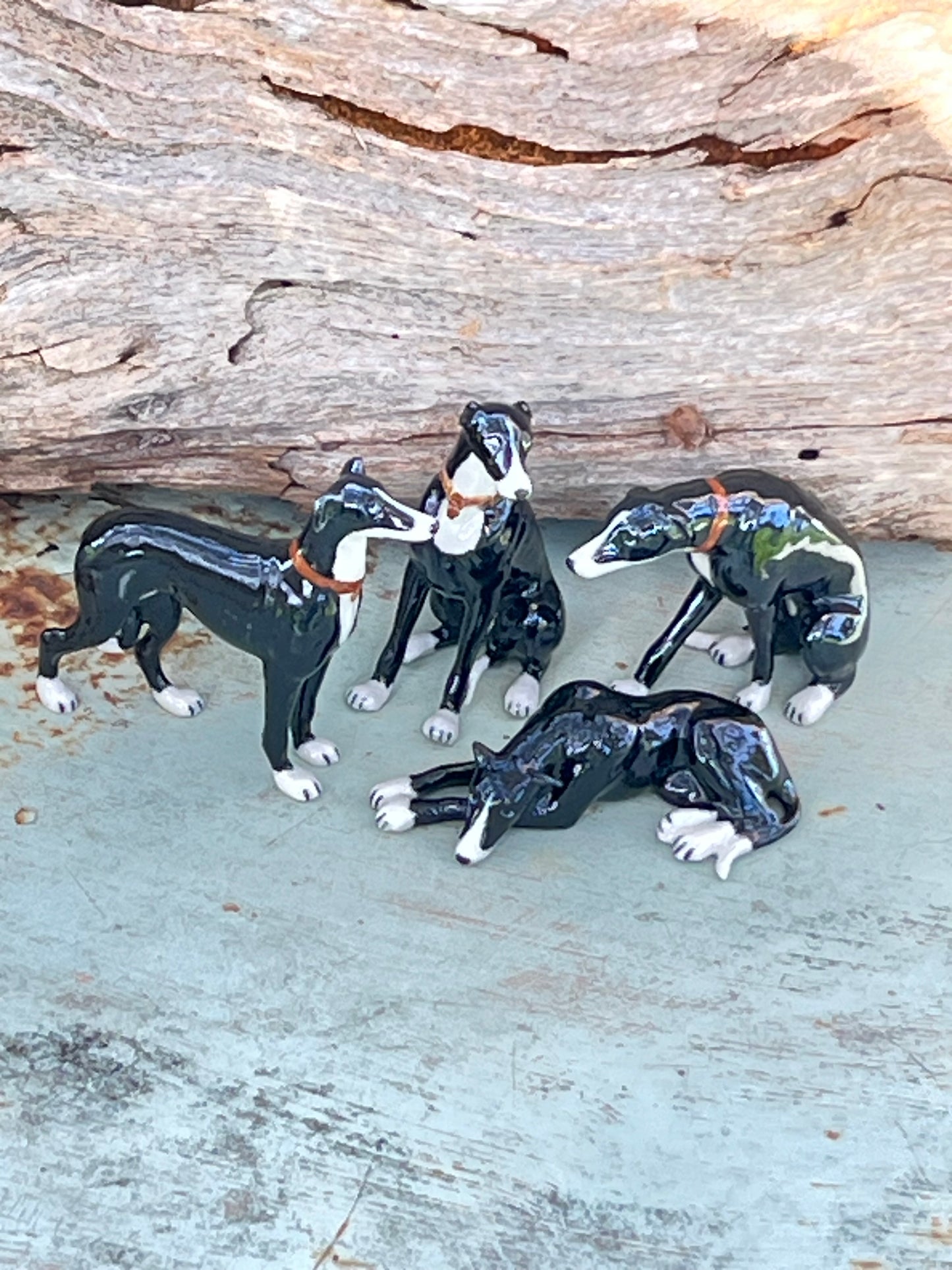 Miniature Porcelain Dog Figurines Black And White Greyhound Family Dog Breed