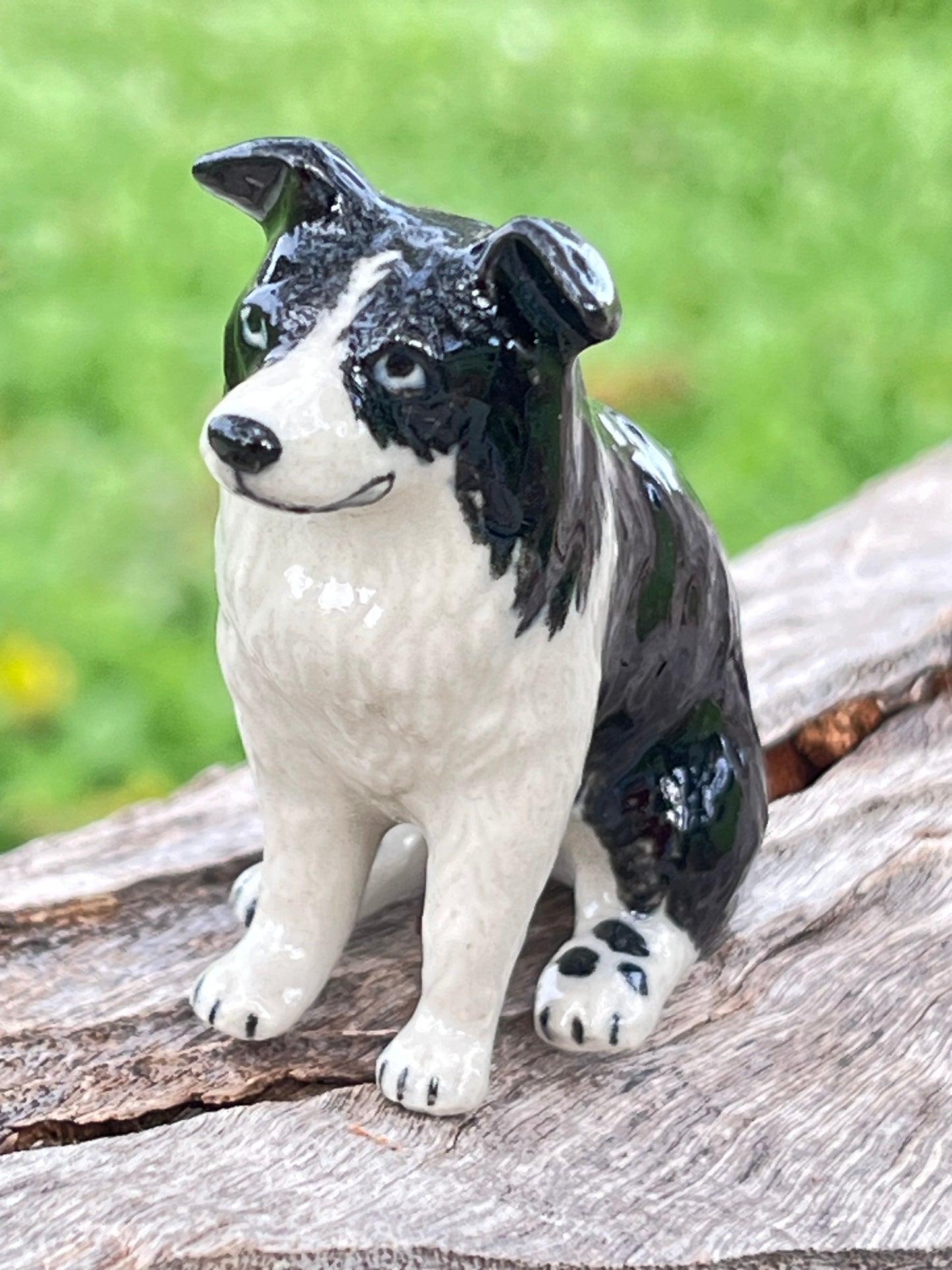 Miniature Porcelain Sitting Black and White Border Collie Figurine