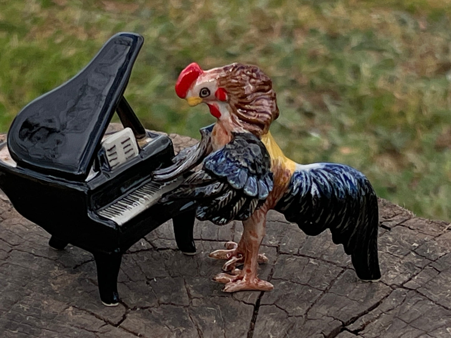 Miniature Porcelain Musical Rooster Playing the Piano Figurine