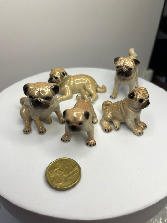 Miniature Porcelain Pug Family Set of 5 Figurines