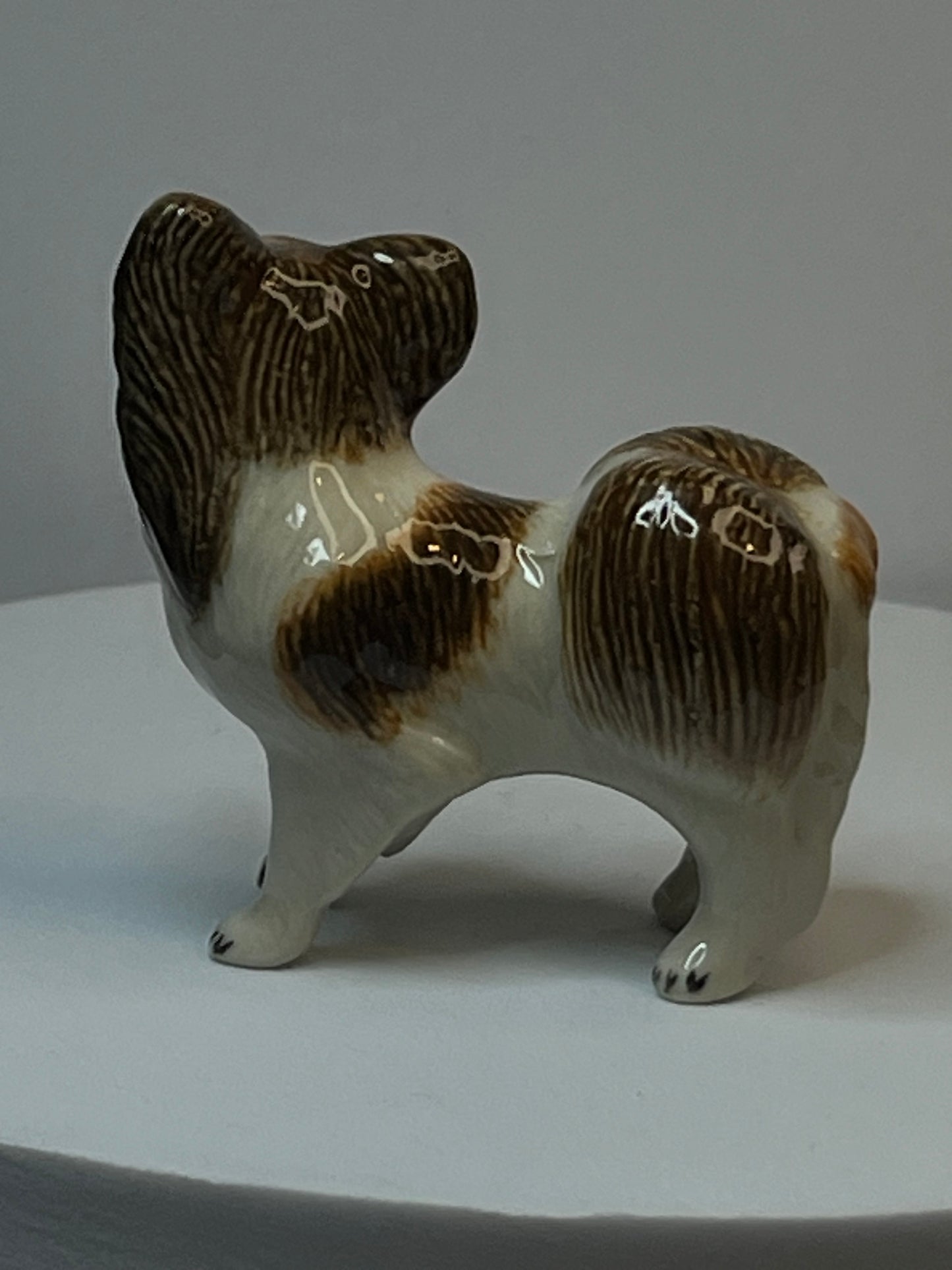 Papillion Standing Miniature Porcelain Dog Figurine Set In Brown and White