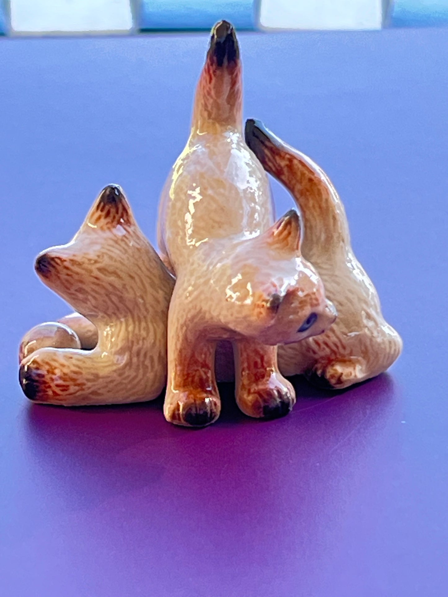 Miniature Porcelain Cats Kittens Figurines Mini Kitten Siamese Cats Playing Ball 2 pcs