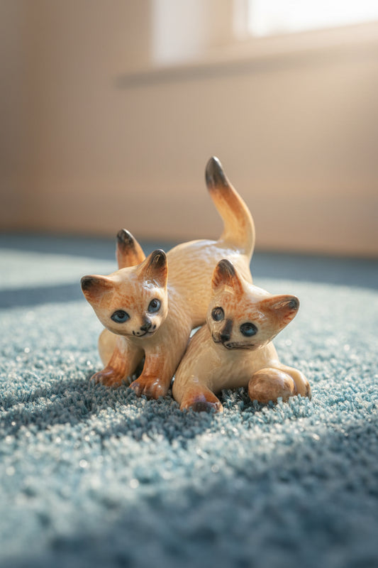 Miniature Porcelain Cats Kittens Figurines Mini Kitten Siamese Cats Playing Ball 2 pcs