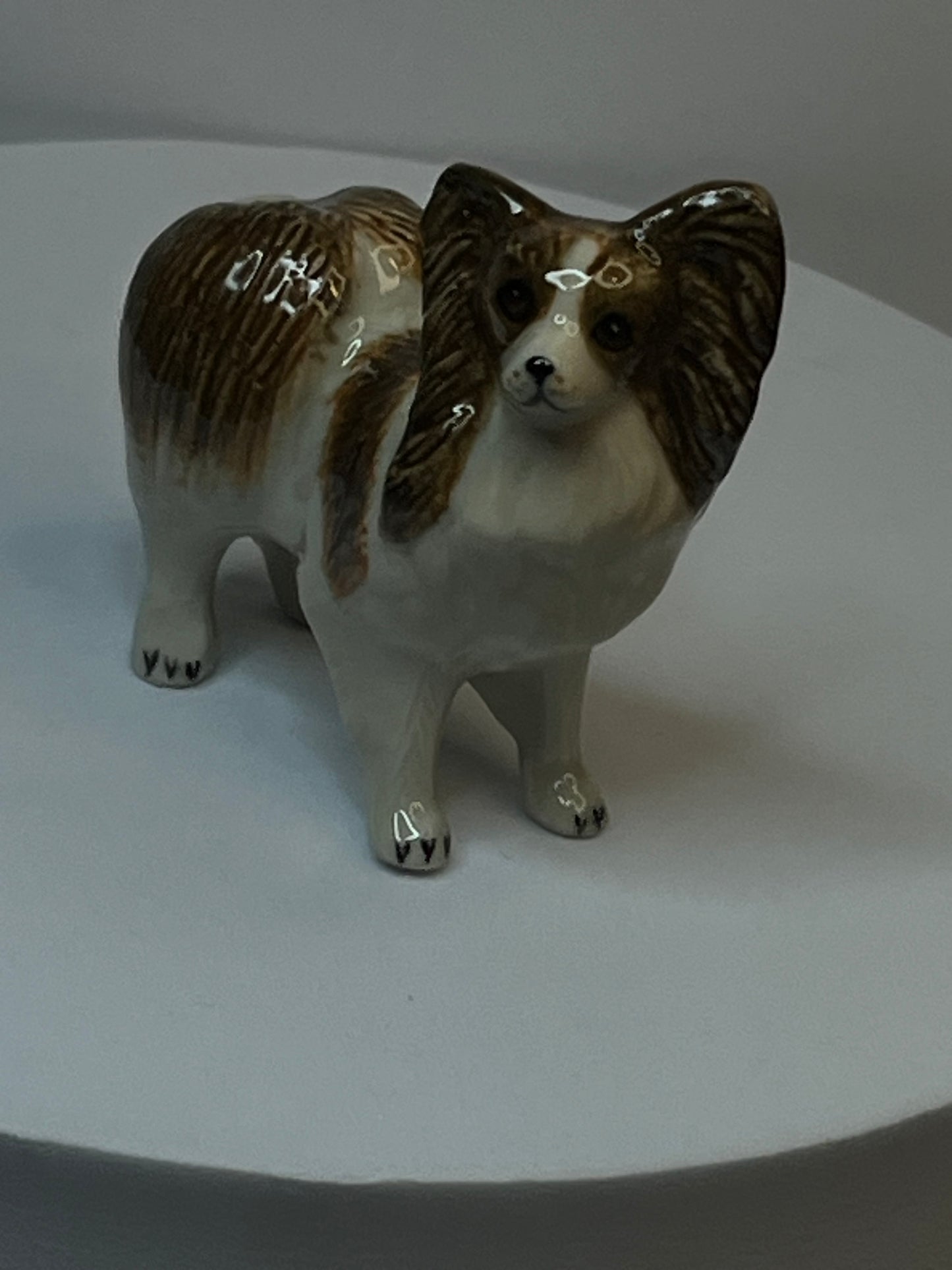 Papillion Standing Miniature Porcelain Dog Figurine Set In Brown and White