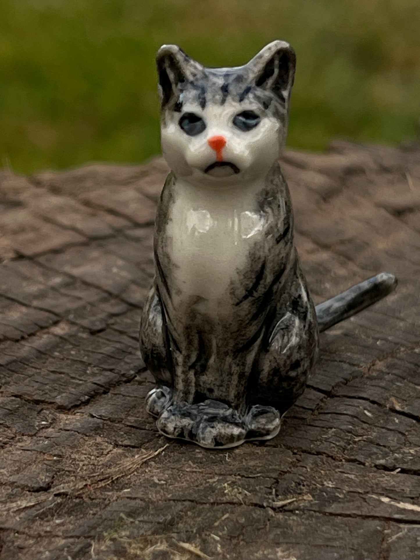 Miniature Porcelain Grey Striped Cat Sitting Up Figurine