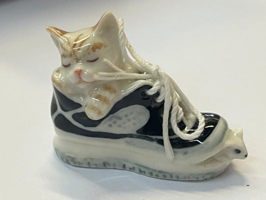 Miniature Cat Sleeping in Shoe with Mouse