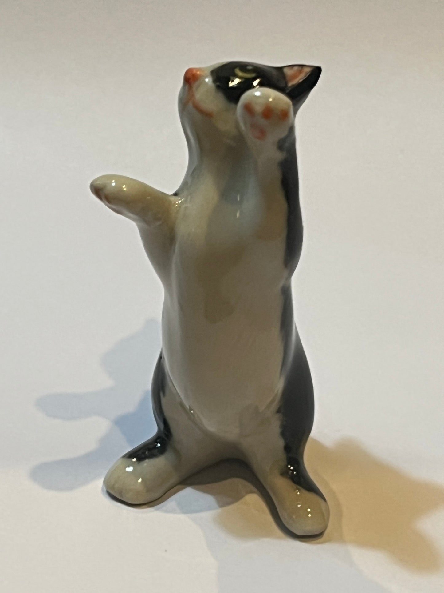 Miniature Porcelain Tuxedo Black Cat Standing Figurine - Hand Painted