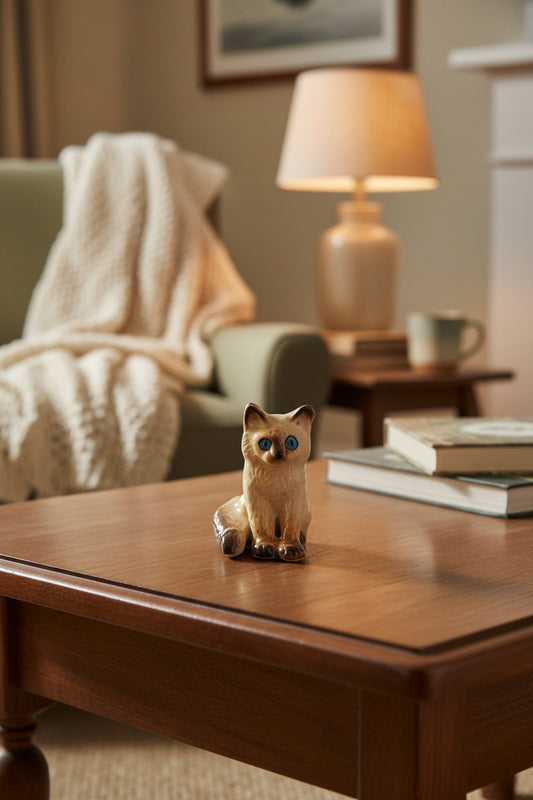 Miniature Porcelain Cat Kitten Figurine Sitting Siamese