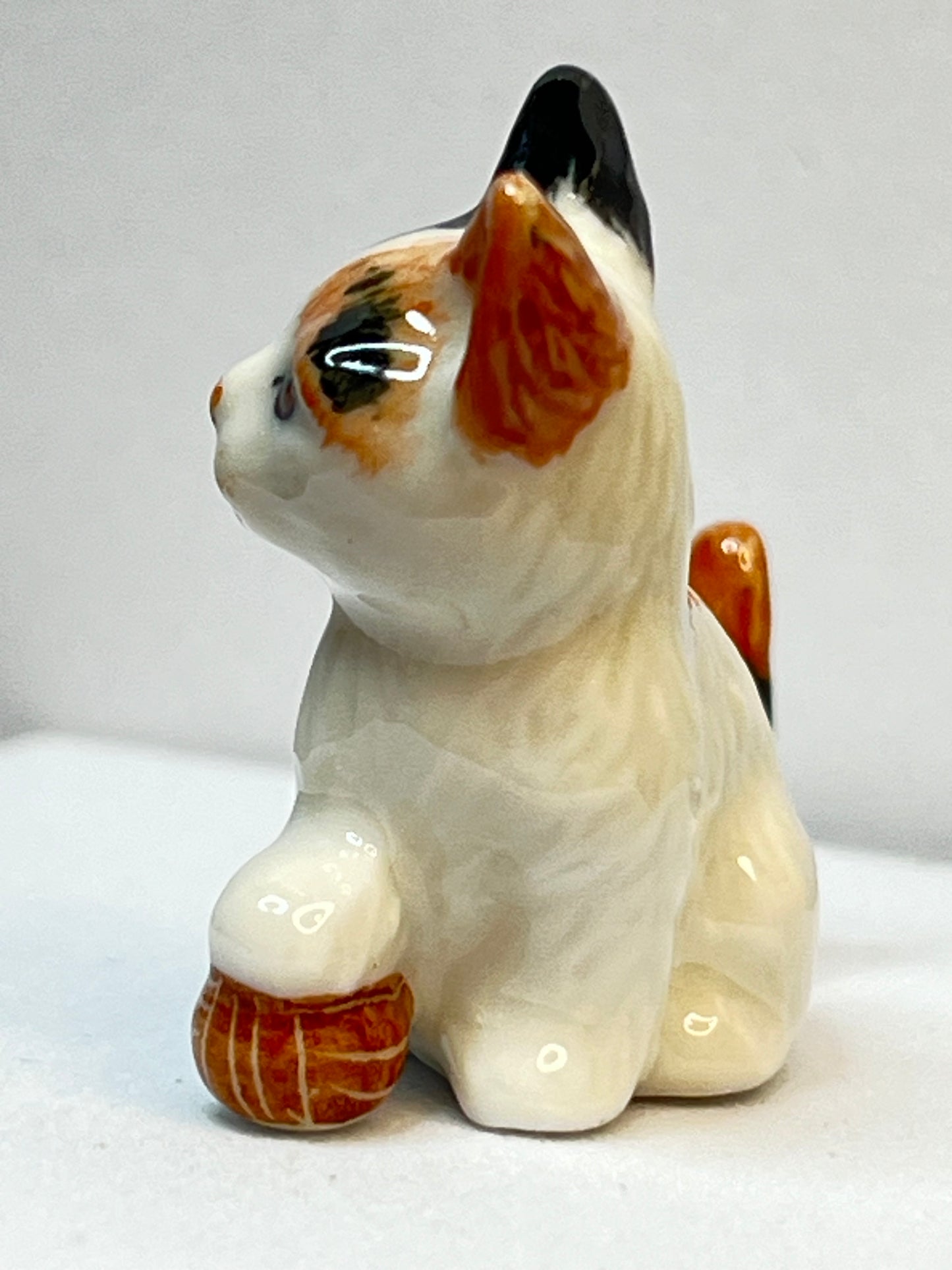 Miniature Porcelain Calico Cat Kitten with Ball Figurine