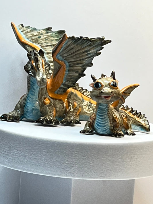 Large Porcelain Mother Dragon and Baby Dragon Figurine Set