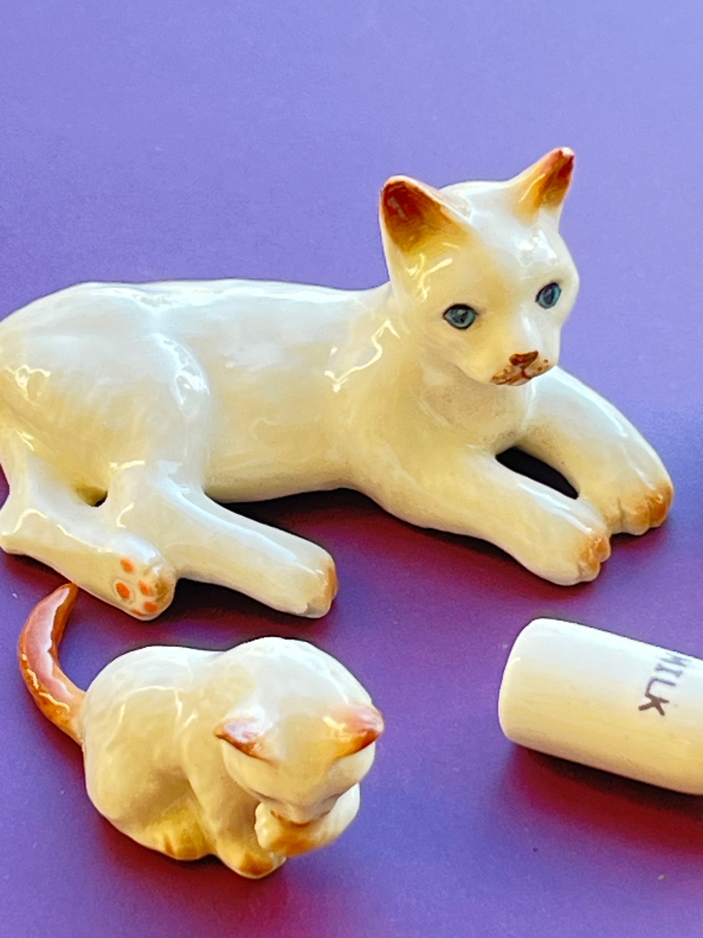 Miniature Porcelain White and Ginger Mother Cat with Kittens and Milk Bottle Figurine