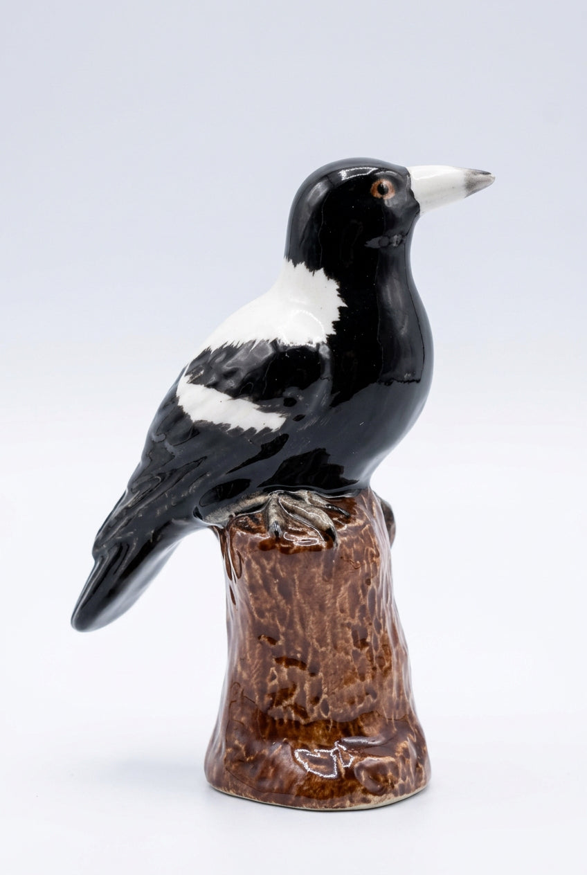Miniature Porcelain Magpie Figurine Sitting on Log