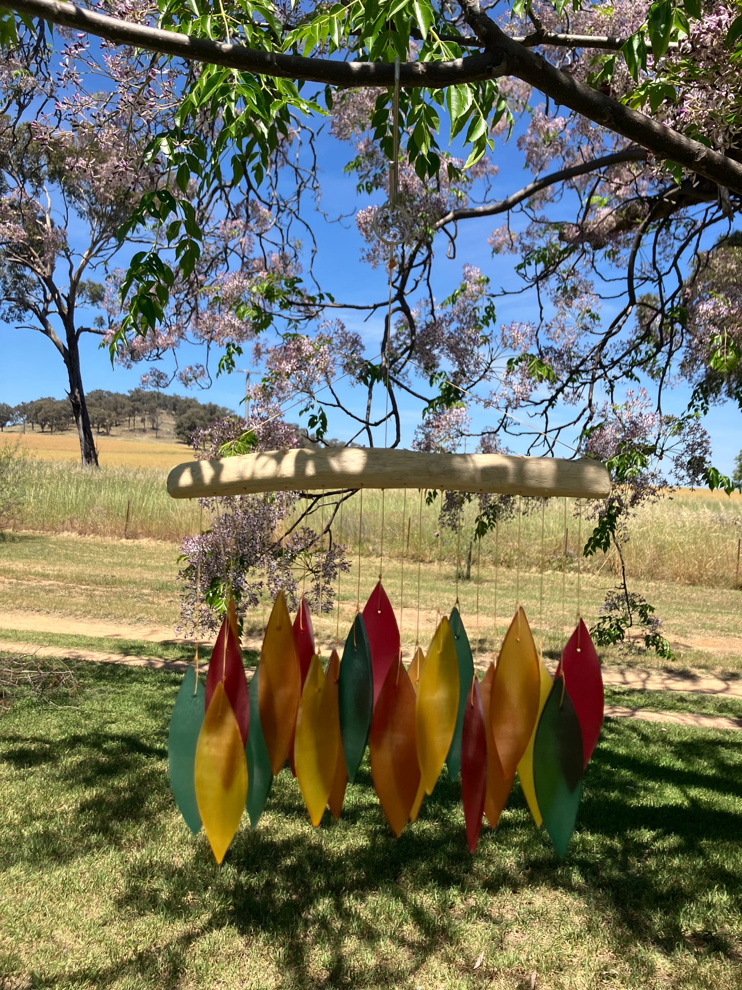 Red Yellow Orange and Green Colour Glass  Wind Chime With Driftwood