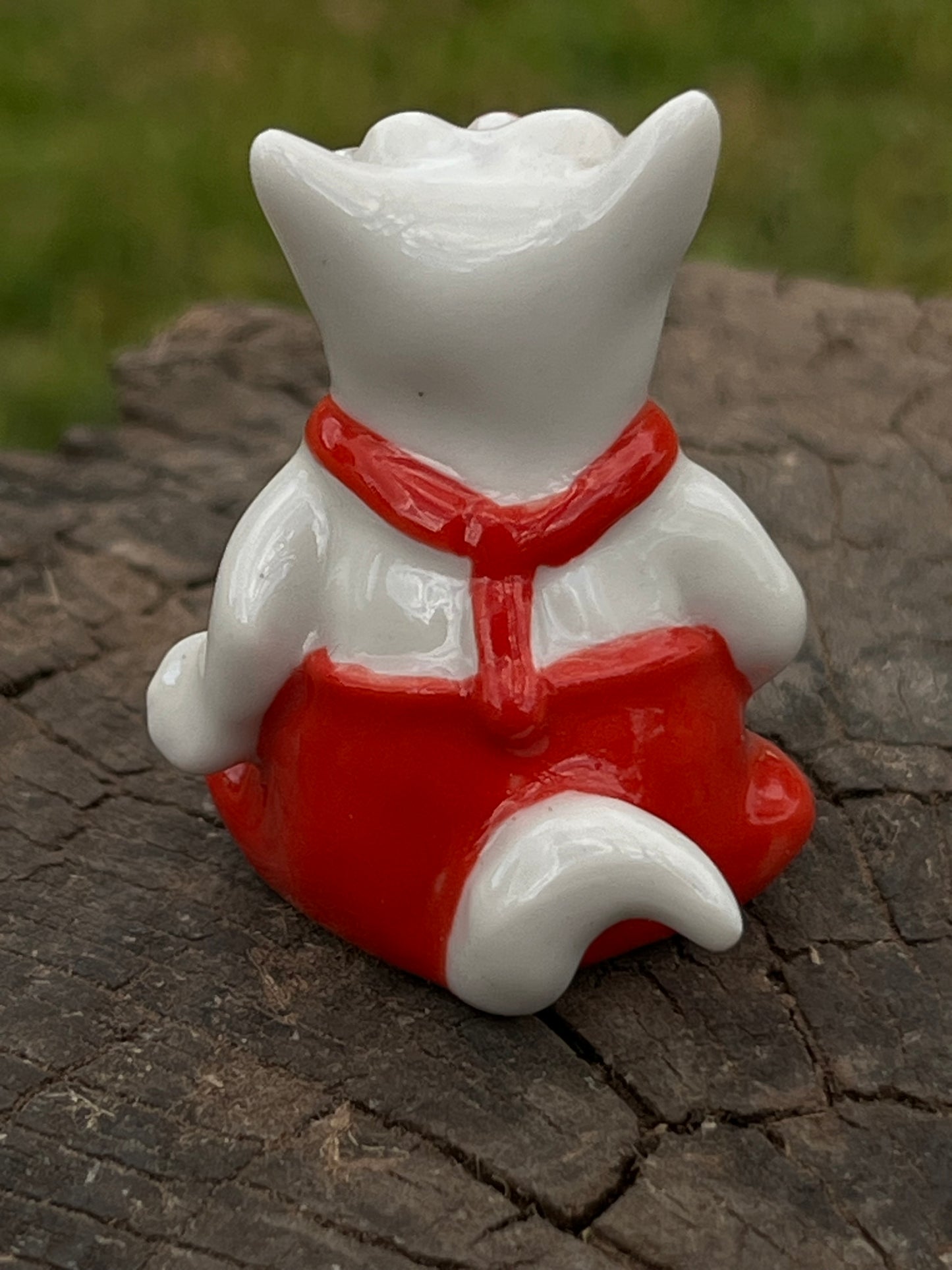 Miniature Porcelain Cat Sitting Wearing Red Pants Figurine