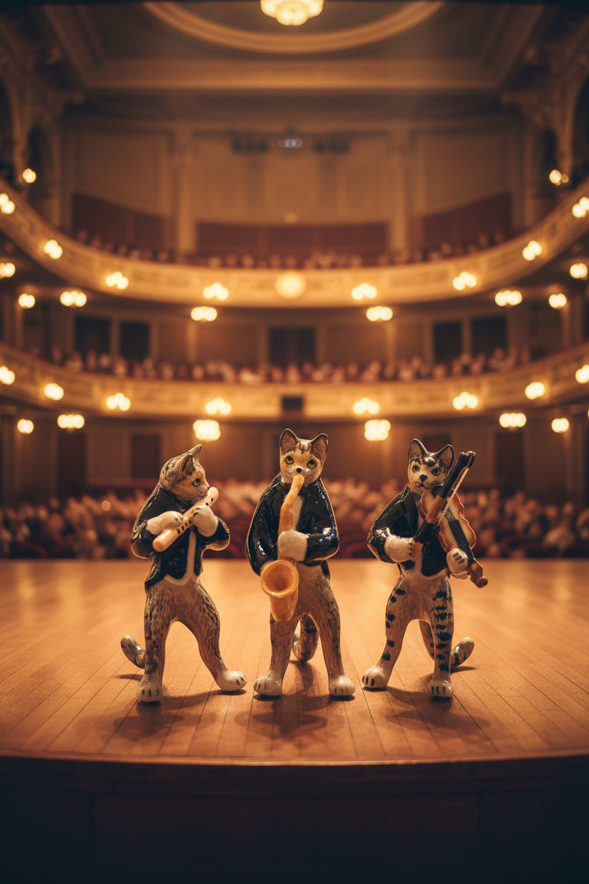 Miniature Porcelain Cat Kitten Figurines Cats Playing Musical Instruments Violin Trumpet Flute