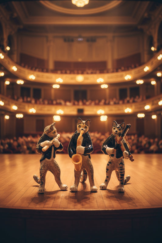 Miniature Porcelain Cat Kitten Figurines Cats Playing Musical Instruments Violin Trumpet Flute