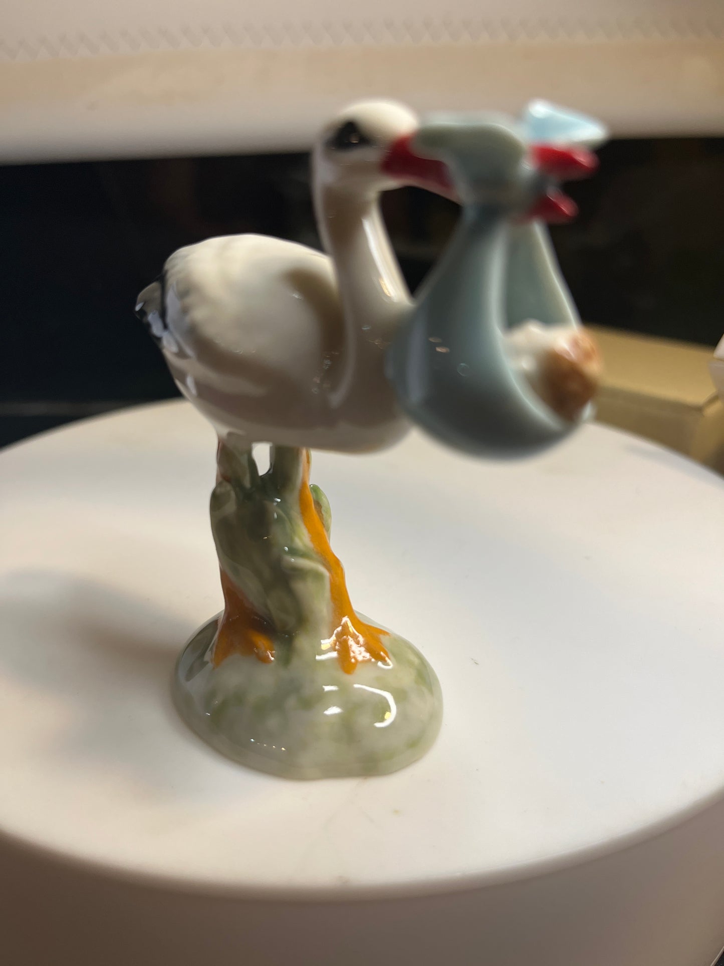 Miniature Hand Painted Porcelain Stork With Baby Boy