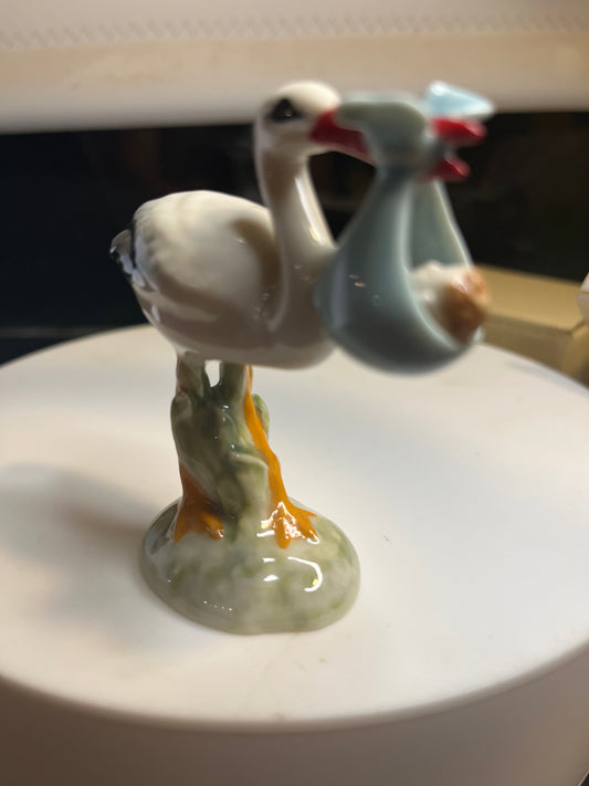 Miniature Hand Painted Porcelain Stork With Baby Boy