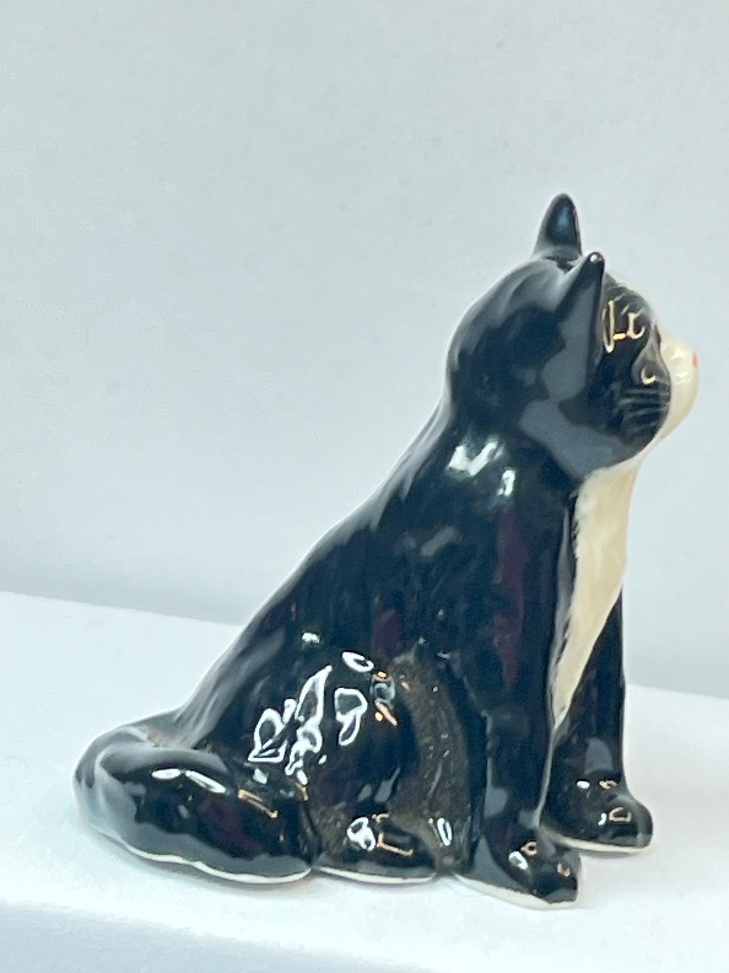 Miniature Porcelain Black and White Tuxedo Cat Sitting Up Figurine