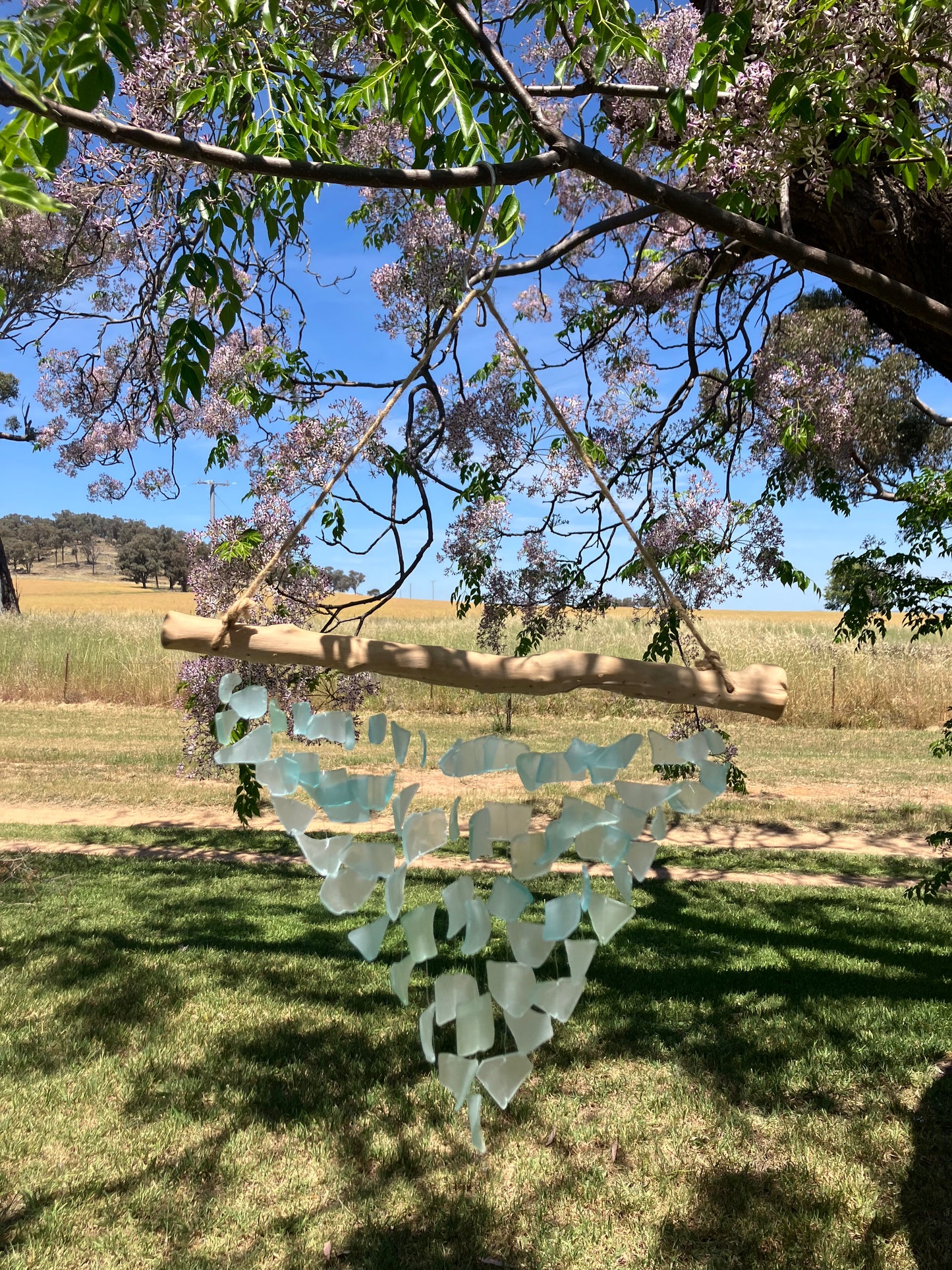 Frosted and White Glass  Wind Chime With Driftwood