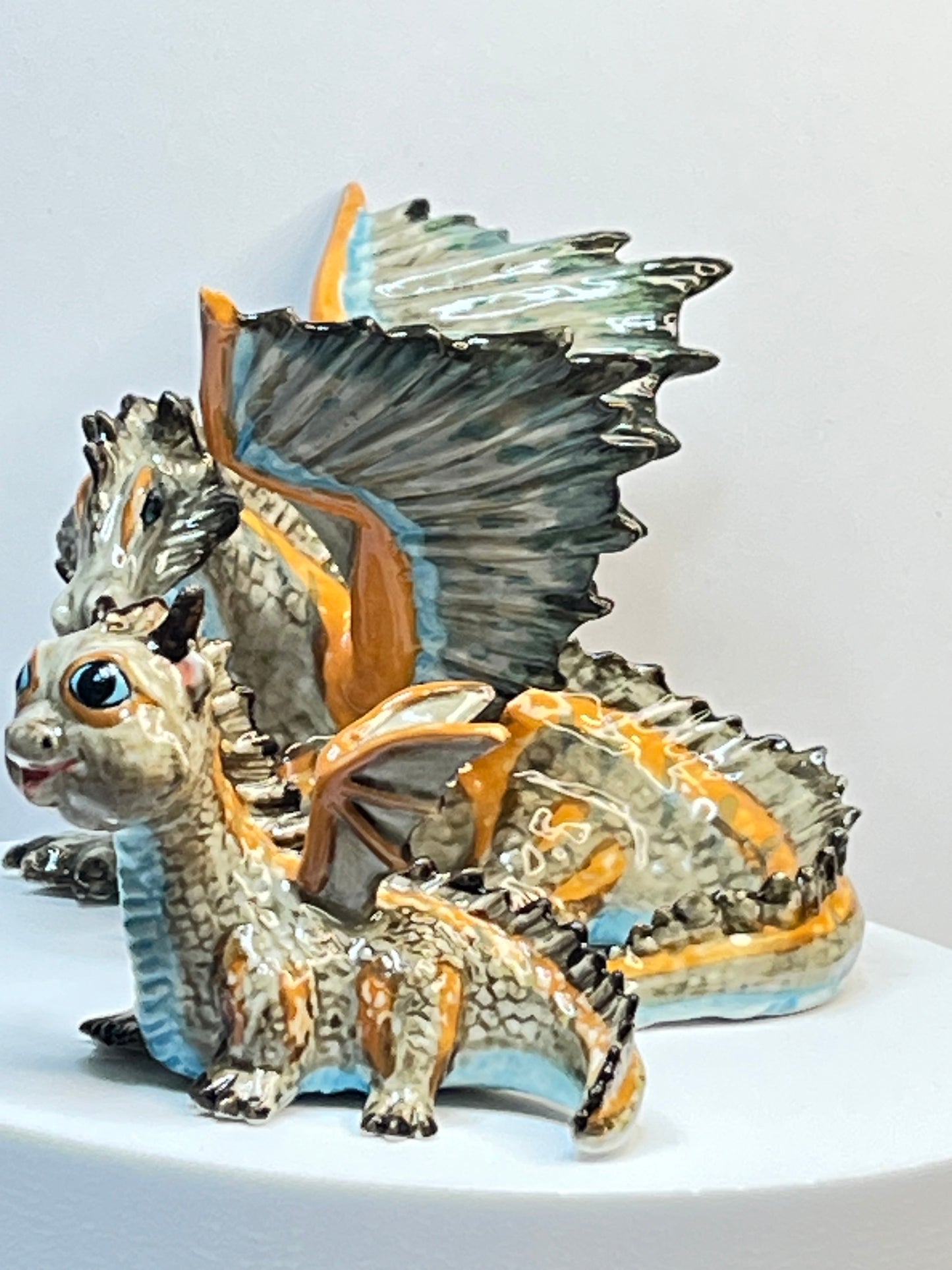 Large Porcelain Mother Dragon and Baby Dragon Figurine Set